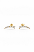 A pair of gold crescent-shaped stud earrings set with small clear stones, displayed on a clean white background.