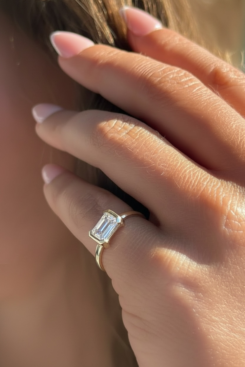 A close-up of a hand wearing a yellow gold ring with an emerald-cut clear gemstone, set against warm natural sunlight.