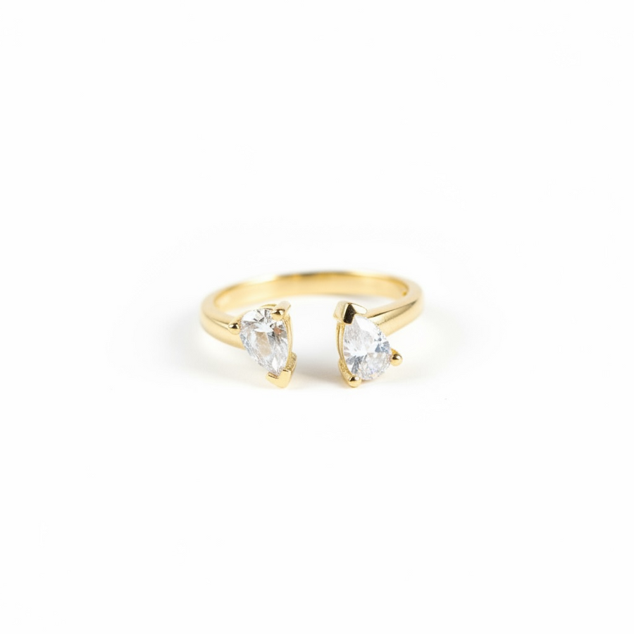 9ct Yellow Gold Toi et Moi Open Cuff Pear Cubic Zirconia Ring
